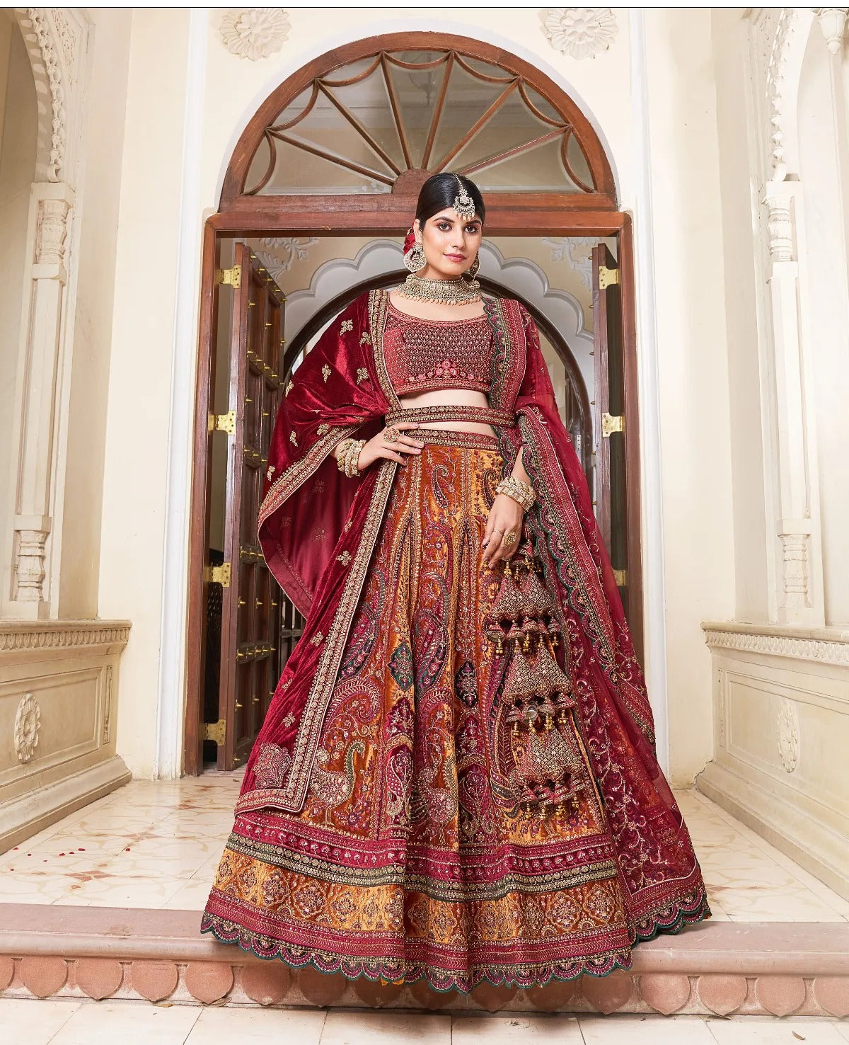 Golden maroon bridal lehenga best sale