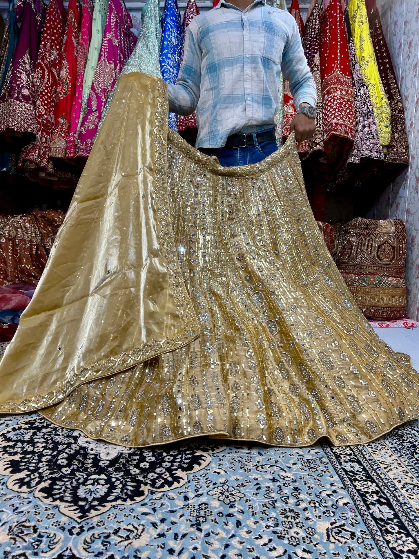 Heavy golden sequence bridal lehenga