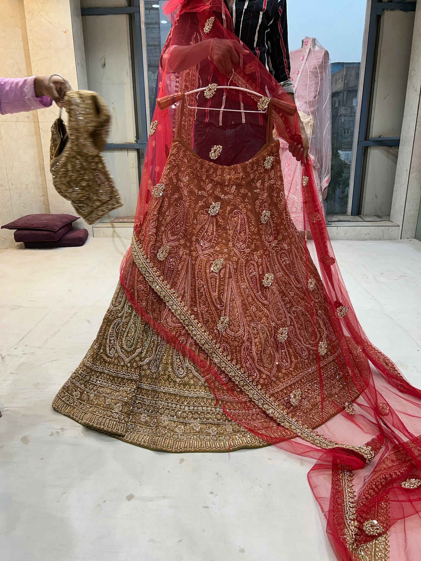 Gajab Handwork Bel Bel Multi work Green Mustard Lehenga