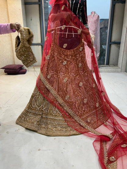 Gajab Handwork Bel Bel Multi work Green Mustard Lehenga