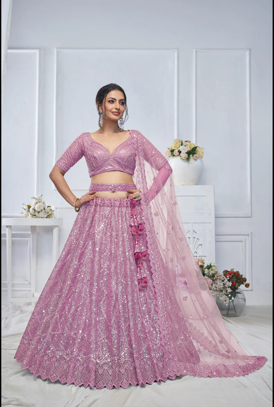 Lehenga de diseñador hermosa en tonos rosa, morado y lavanda