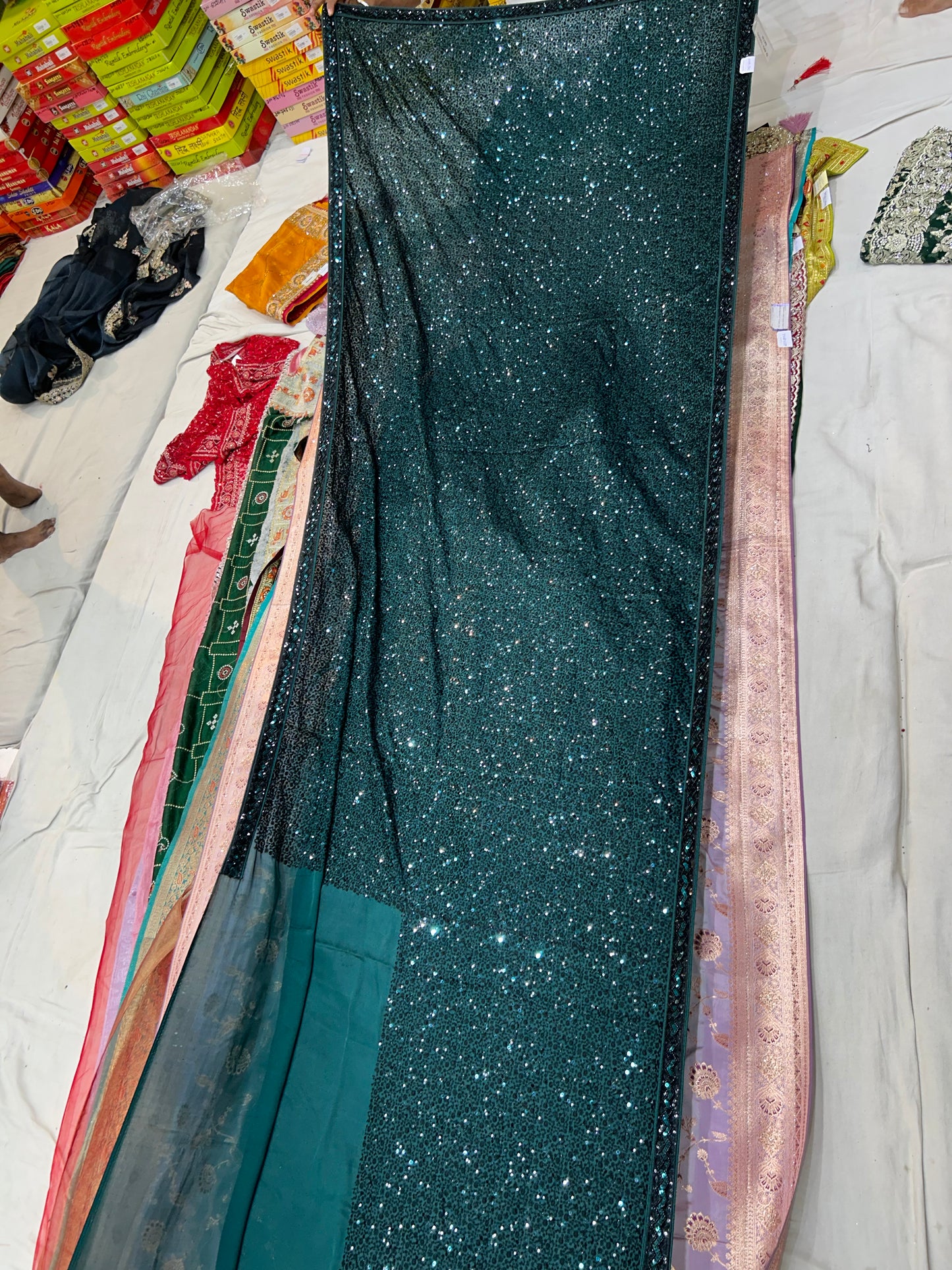 Sparkling Dark green shimmer Saree