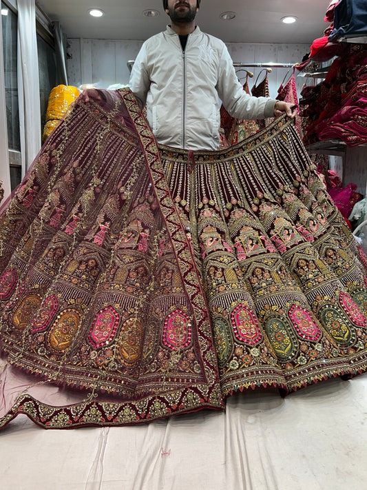 Something different maroon doli Barat ball bridal huge flare lehenga