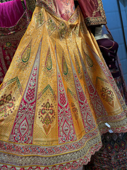 Mustard golden peacock Banarasi lehenga