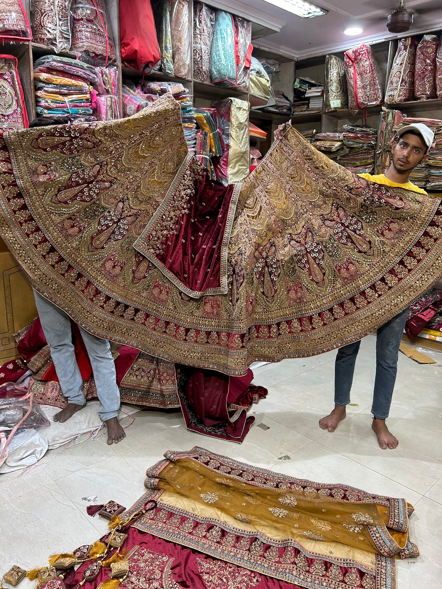 Majestic yellow maroon royal huge flare Lehenga Double Dupatta