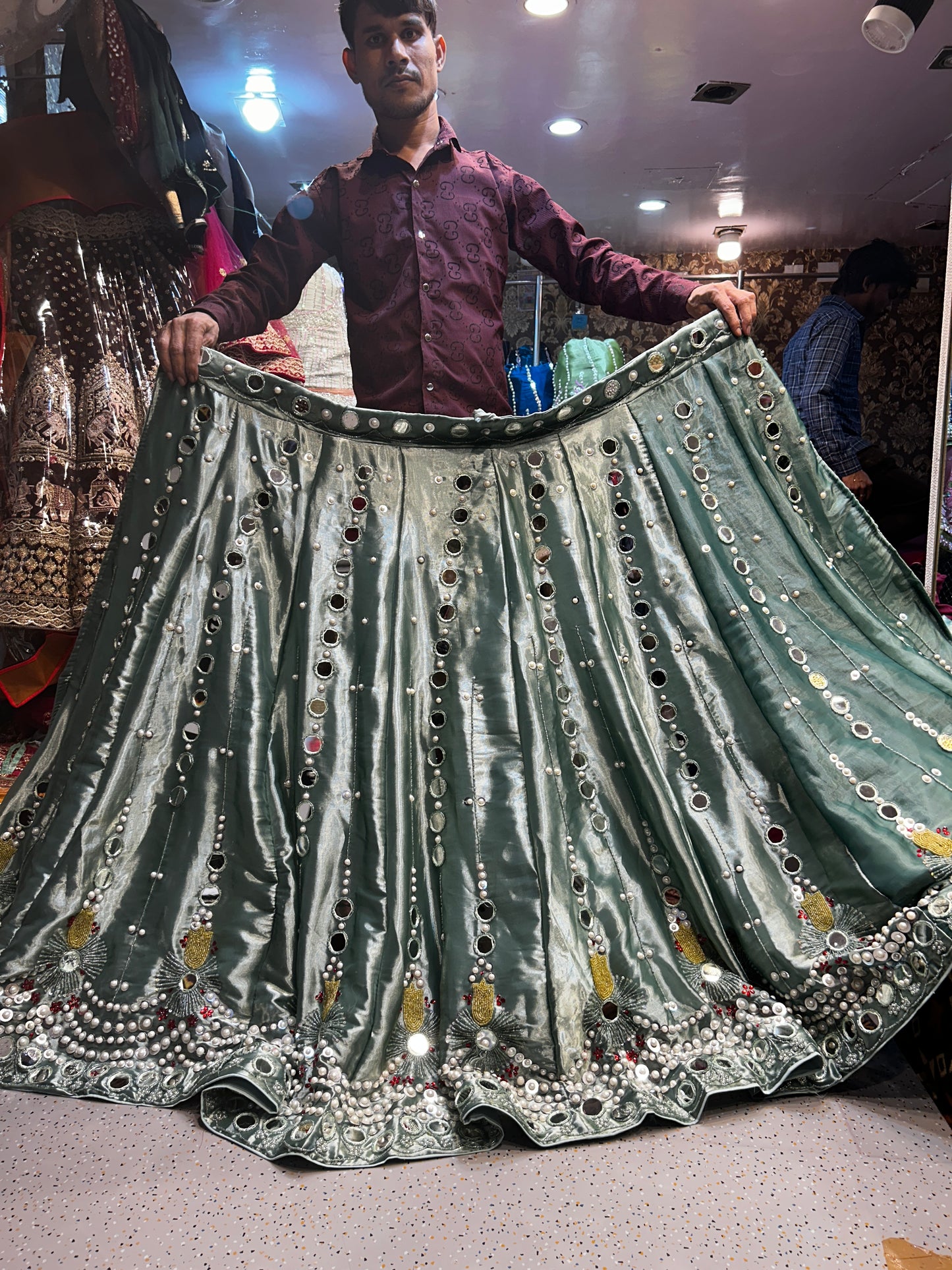 PDP Hand work slik fabric Green blue Mehendi Lehenga