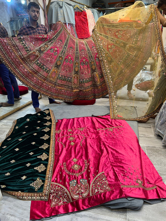 Astonishing pink golden double dupatta bridal Lehenga