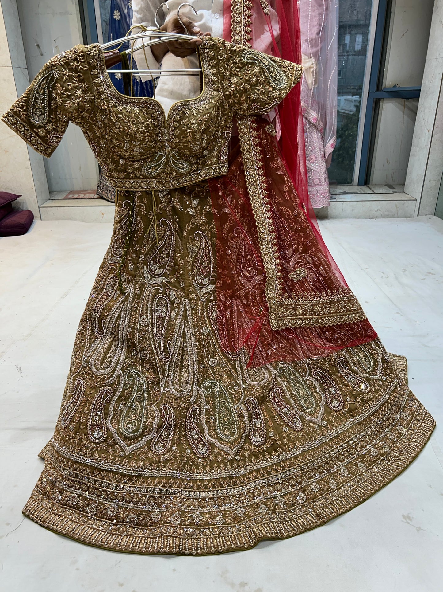 Gajab Handwork Bel Bel Multi work Green Mustard Lehenga