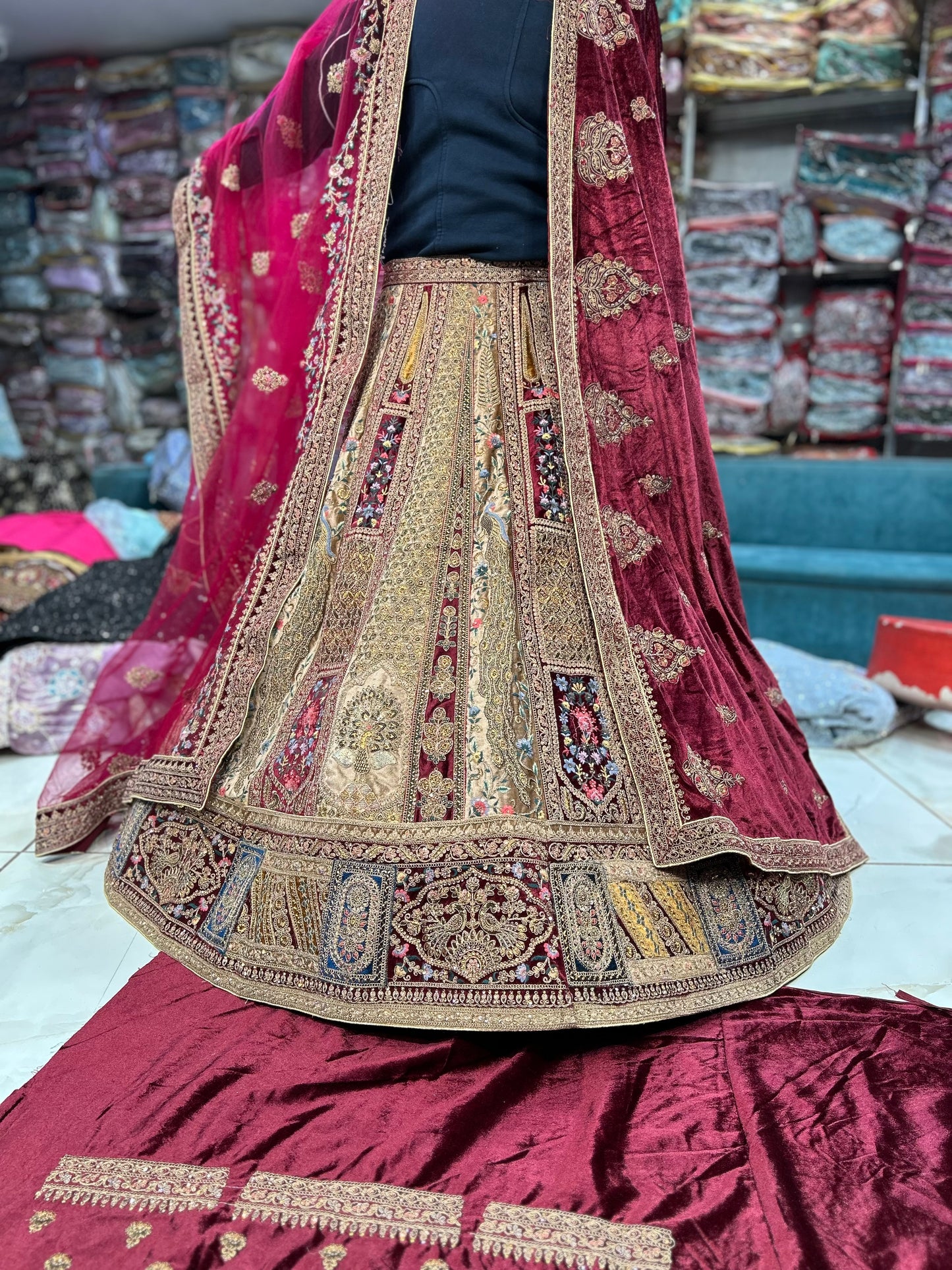 Attractive maroon double duptta bridal lehenga