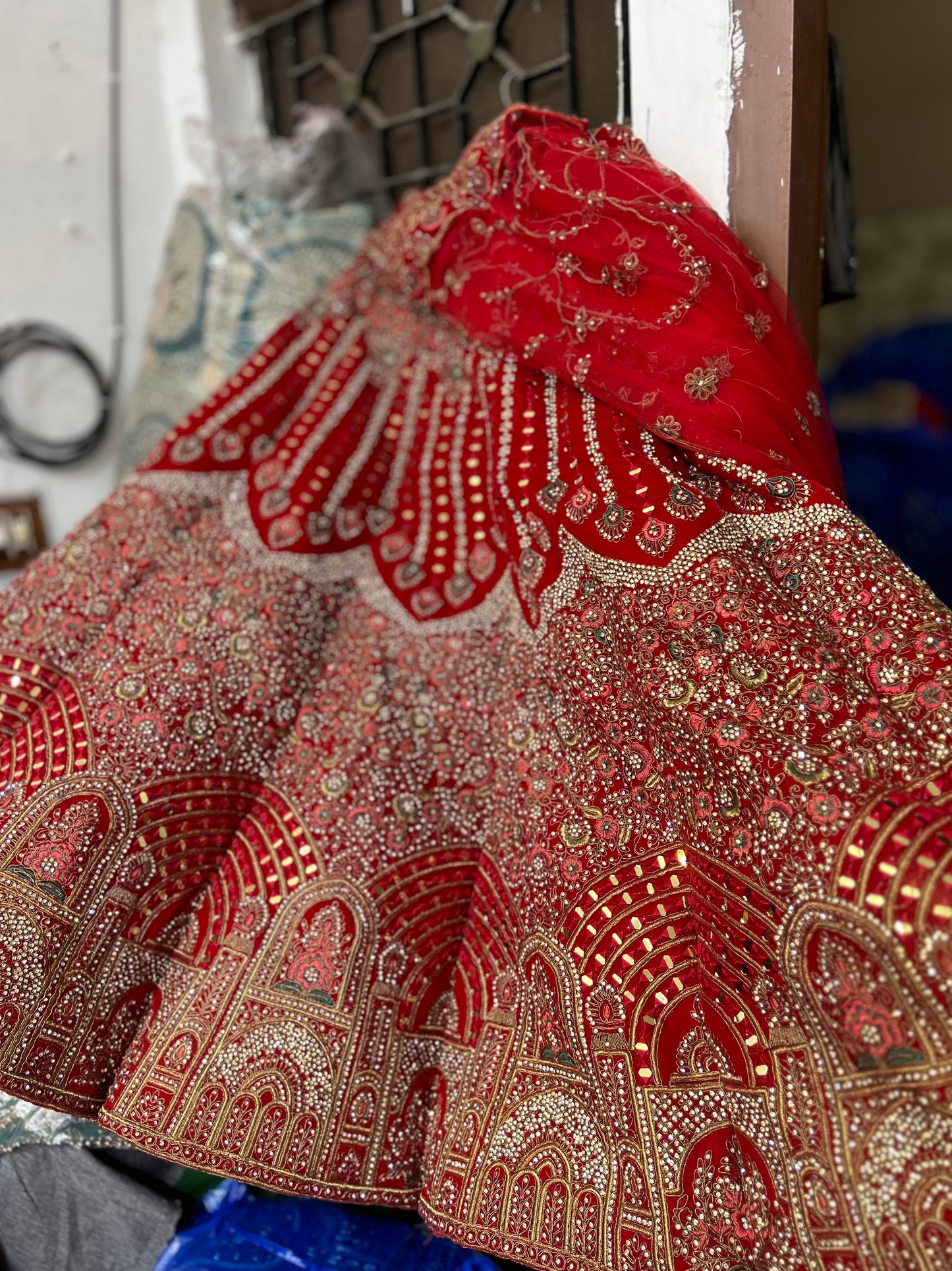 Designer Ball lehenga Red Jhumka