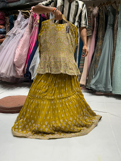 Haldi mehendi Peplum yellow crop top lehenga