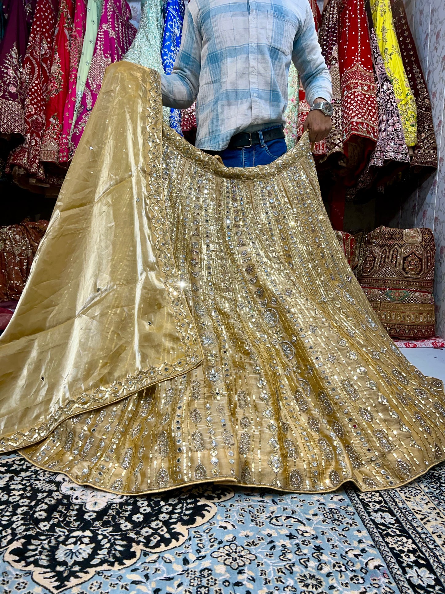 Heavy golden sequence bridal lehenga