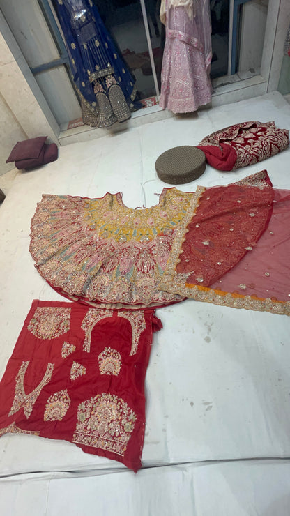 Astonishing Red yellow Peacock Handwork Lehenga