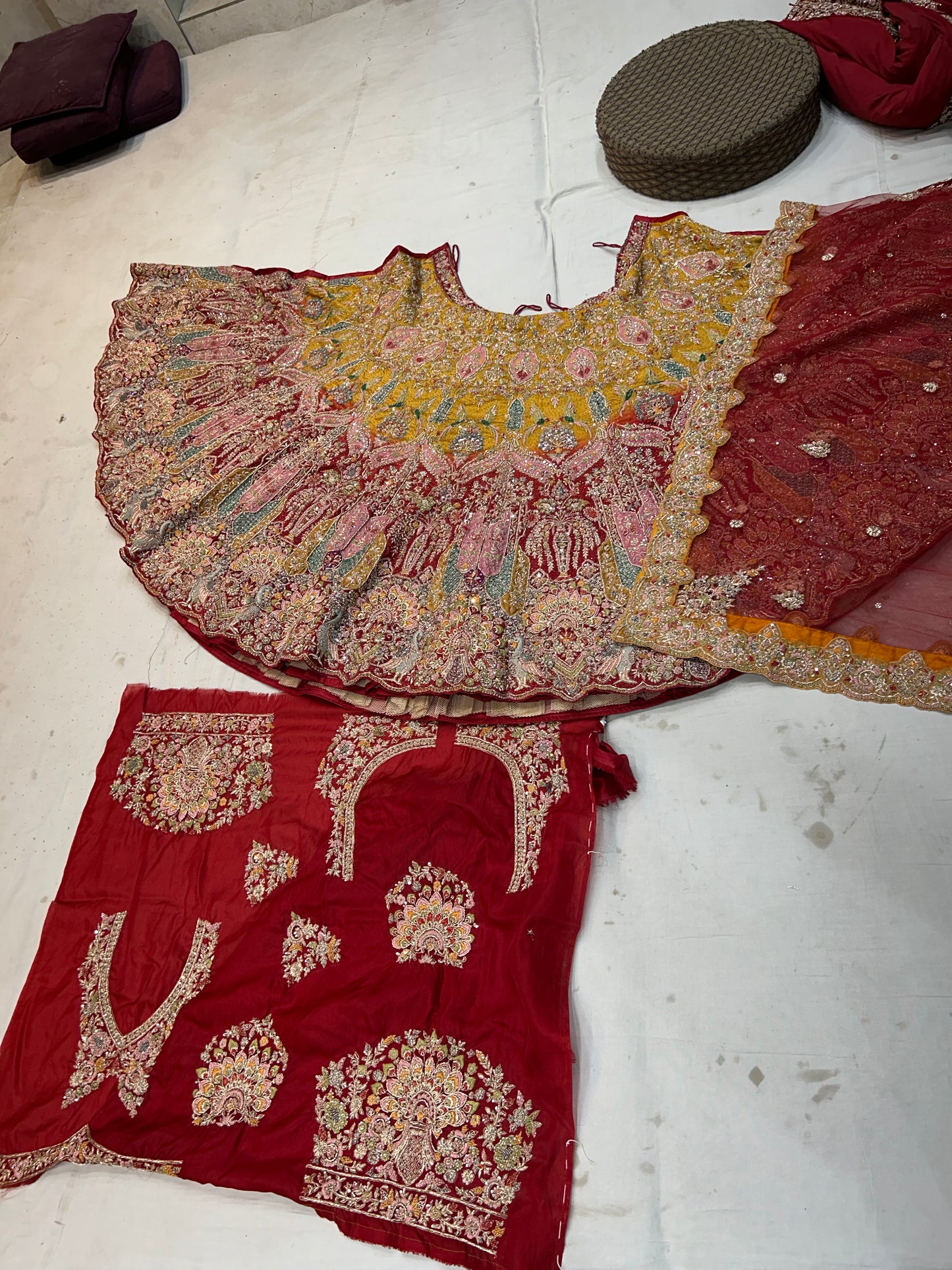 Astonishing Red yellow Peacock Handwork Lehenga