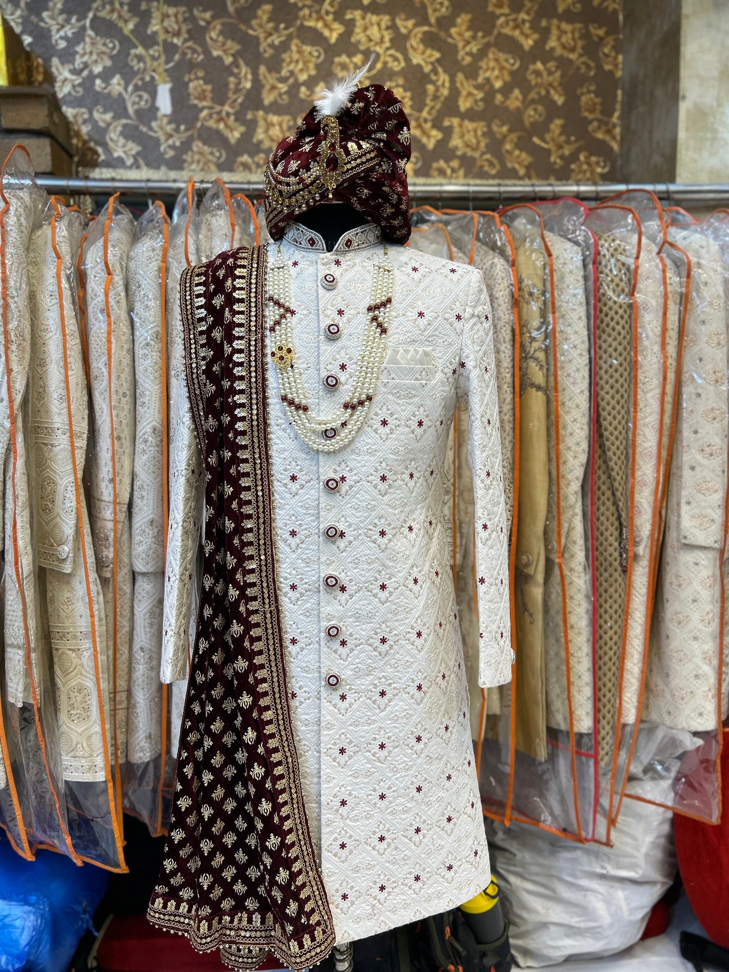 Royal Cream maroon Sherwani