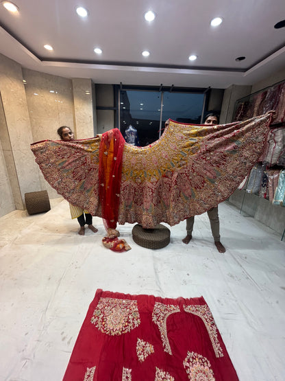 Astonishing Red yellow Peacock Handwork Lehenga