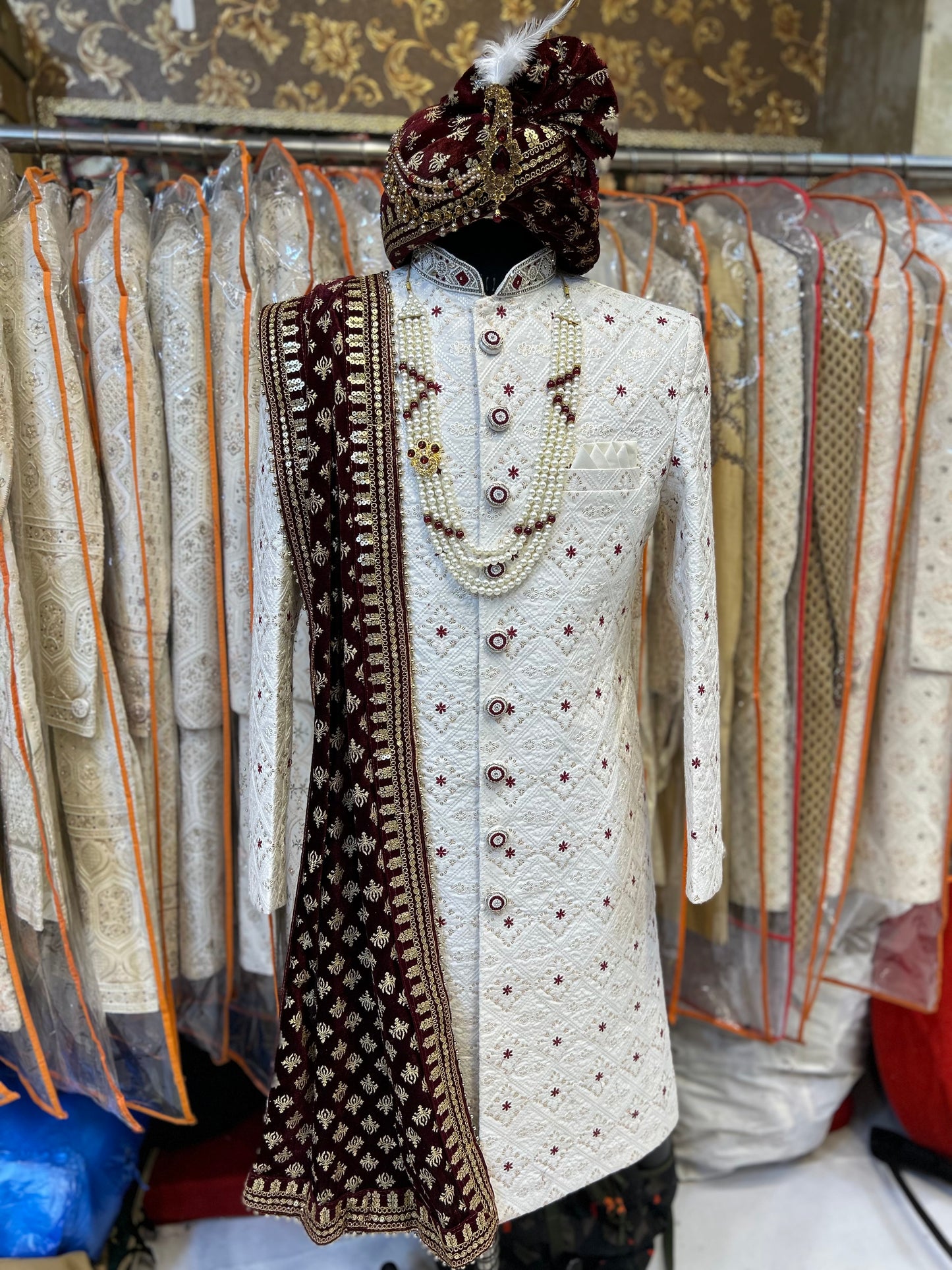 Royal Cream maroon Sherwani