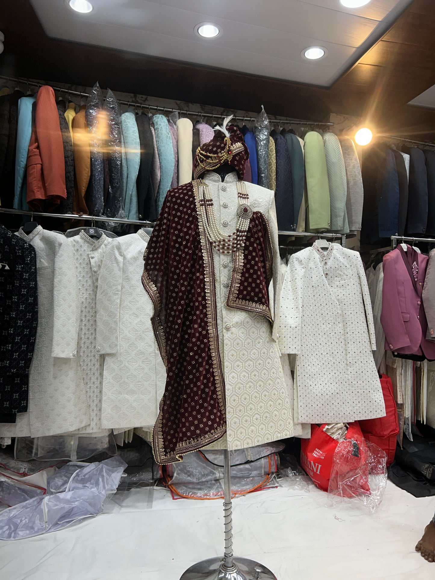 Glamorous white maroon sherwani