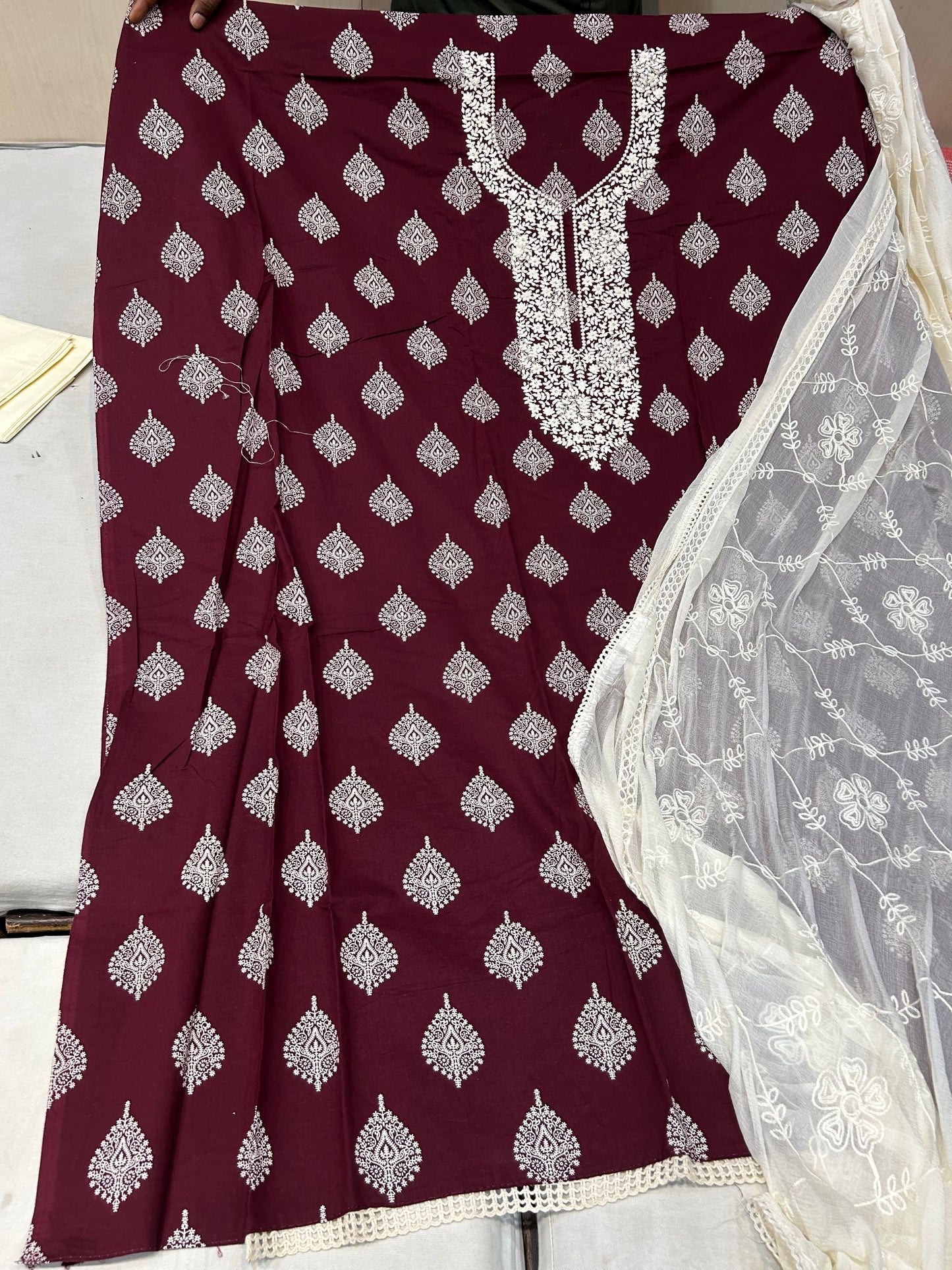 Stylish maroon unstitched ladies suit