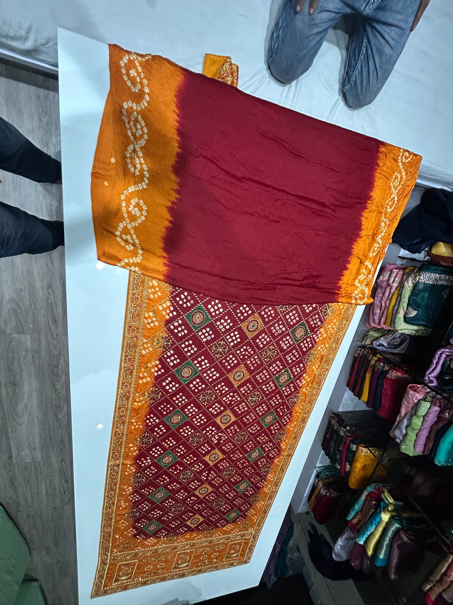 Glamorous Bandhani print mustard maroon saree