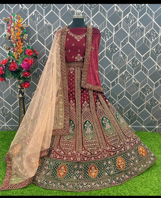 Hermosa lehenga de novia color granate con doble capa