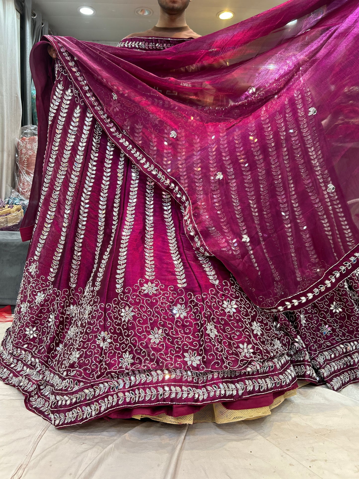 Delightful dark pink mirror work lehenga