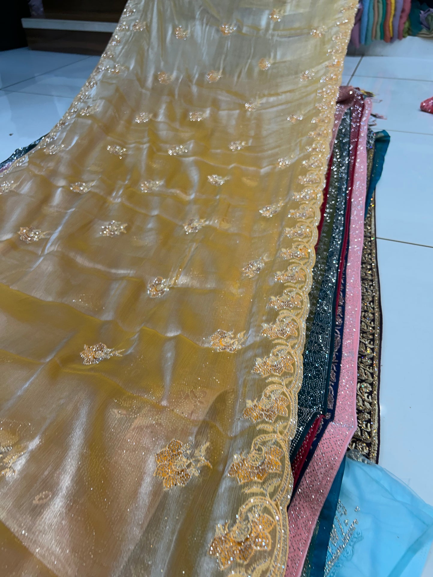 Golden mustard sparkling saree