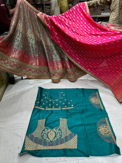 Astonishing Contrast Banarasi pink and Blue Lehenga