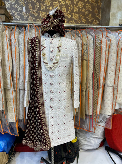 Royal Cream maroon Sherwani