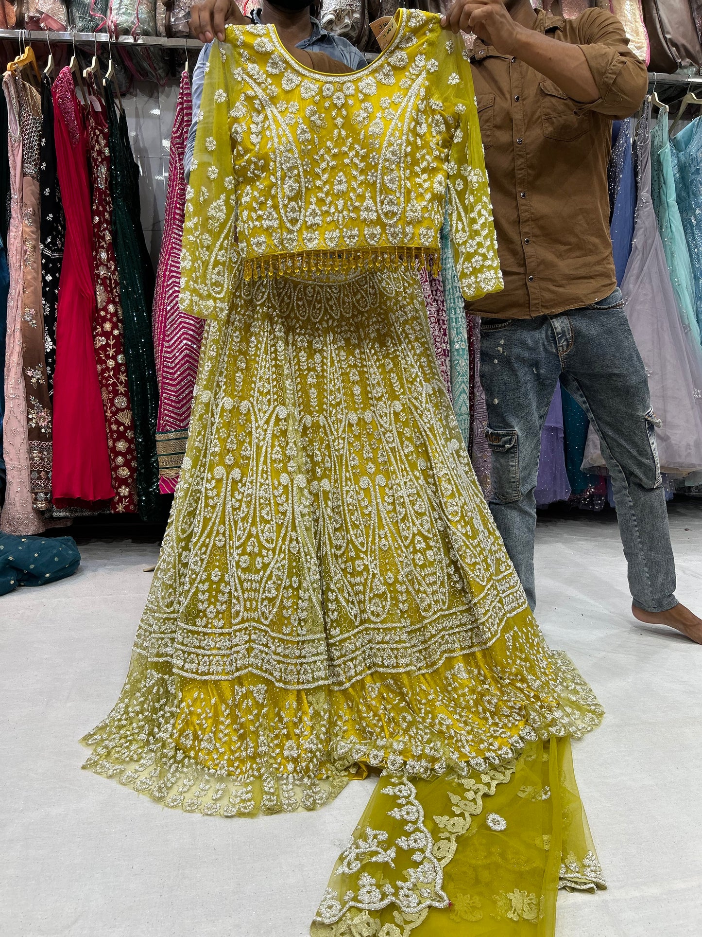 Golden yellow crop top dress Lehenga