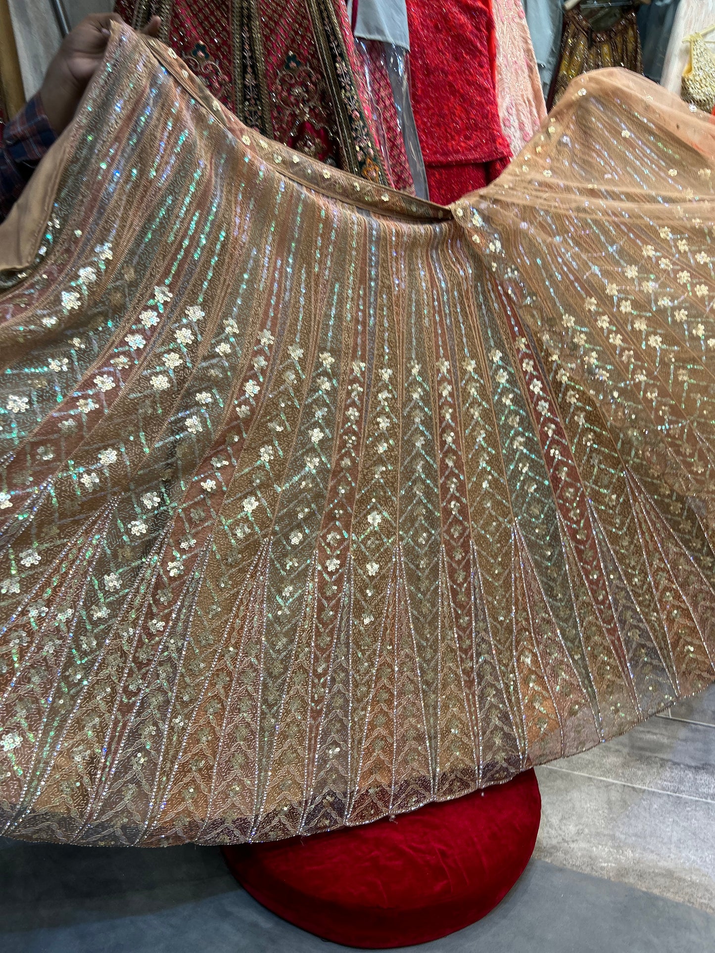 Elegant beige peach pink Sequence Lehenga