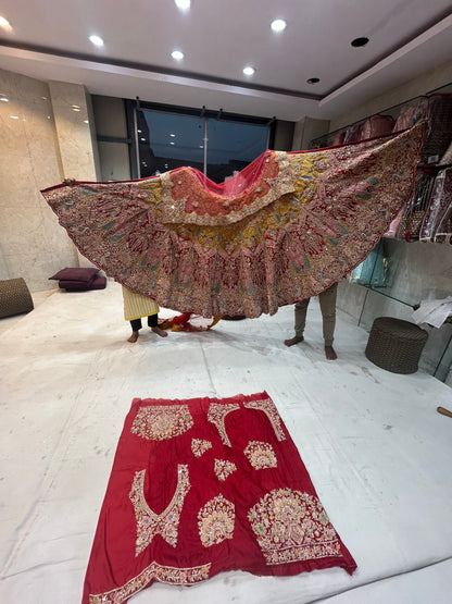 Astonishing Red yellow Peacock Handwork Lehenga