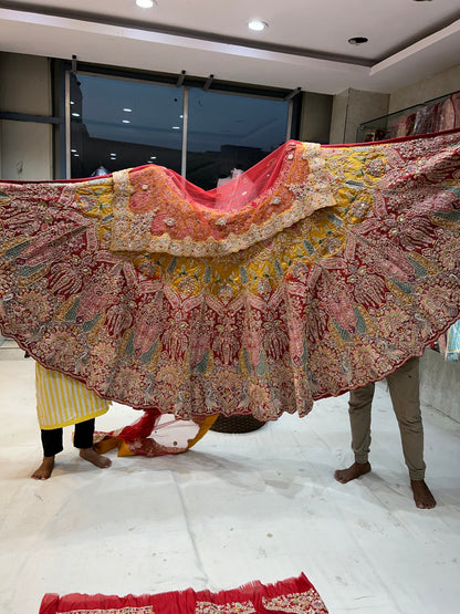 Astonishing Red yellow Peacock Handwork Lehenga