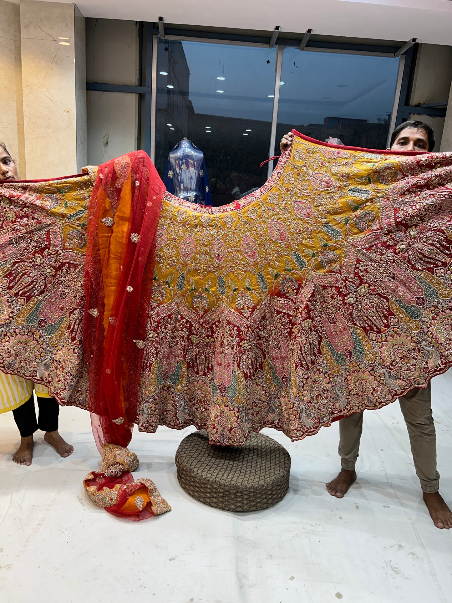 Astonishing Red yellow Peacock Handwork Lehenga