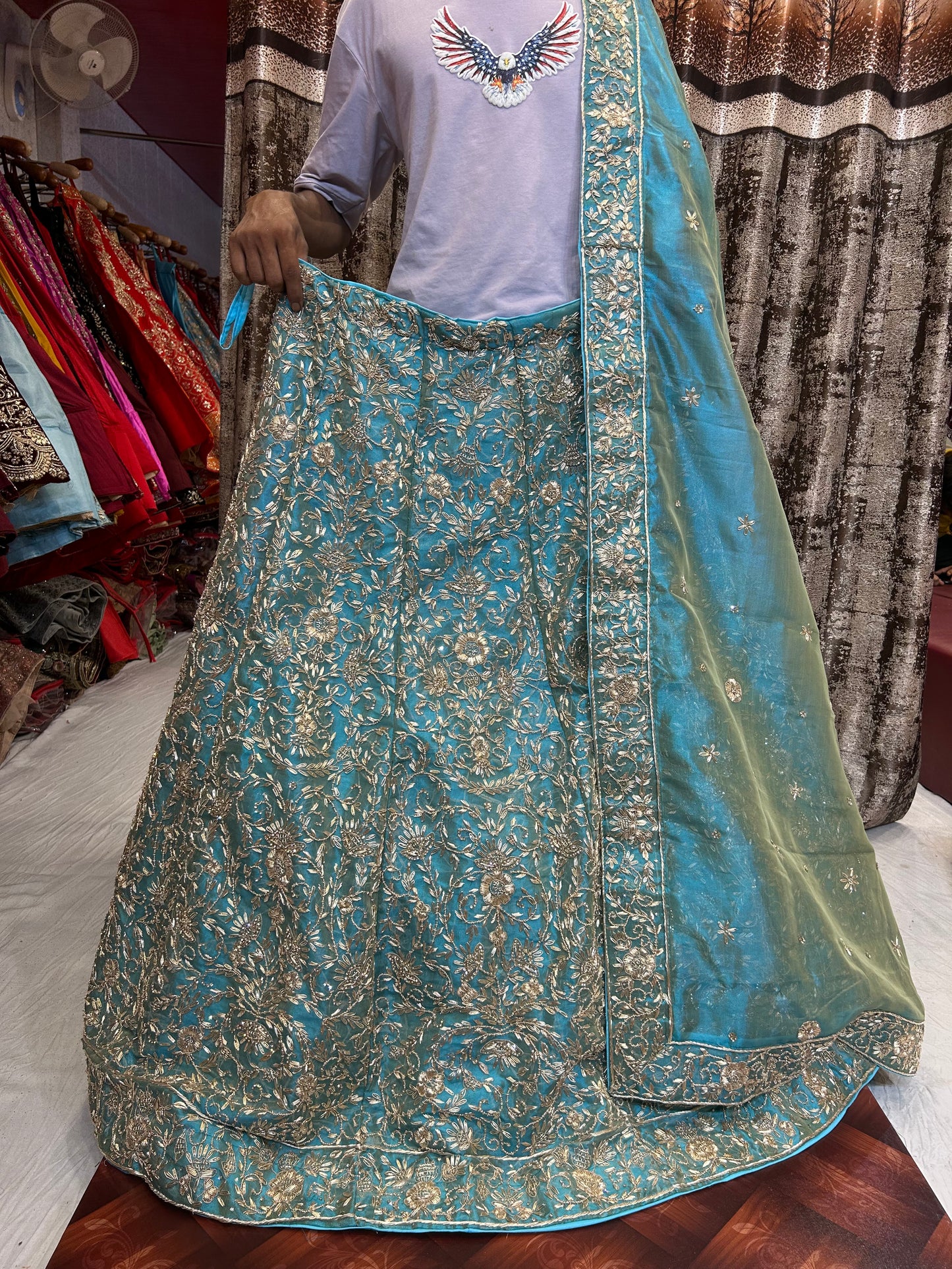 Pure Zardozi dabka sky blue Lehenga