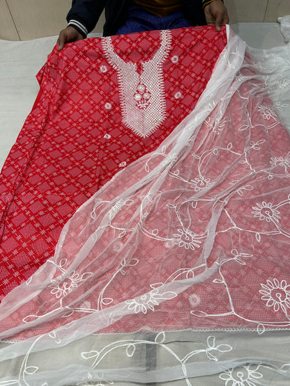 Gorgeous red unstitched salwar suit dress material(free size)