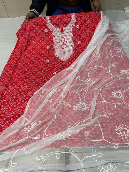 Gorgeous red unstitched salwar suit dress material(free size)