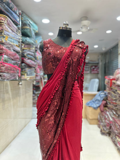 Glamorous cherry red drape ready to wear saree