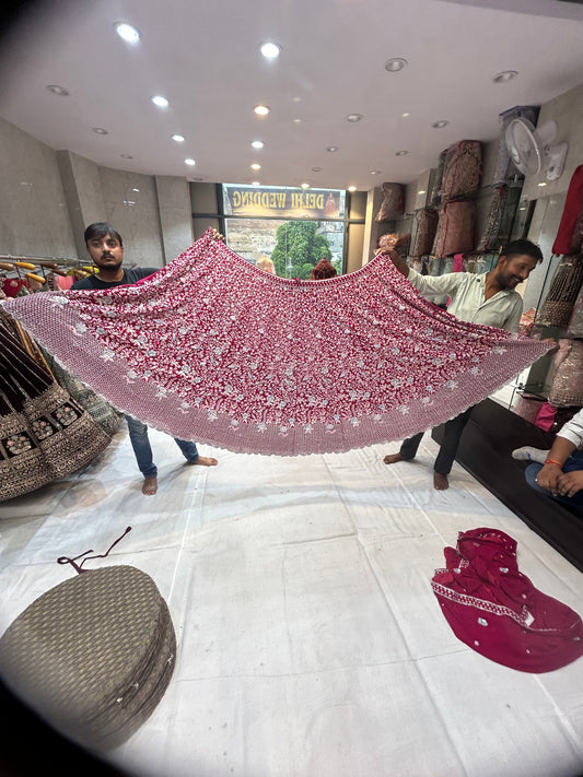 Lehenga floral rosa y rojo de lujo