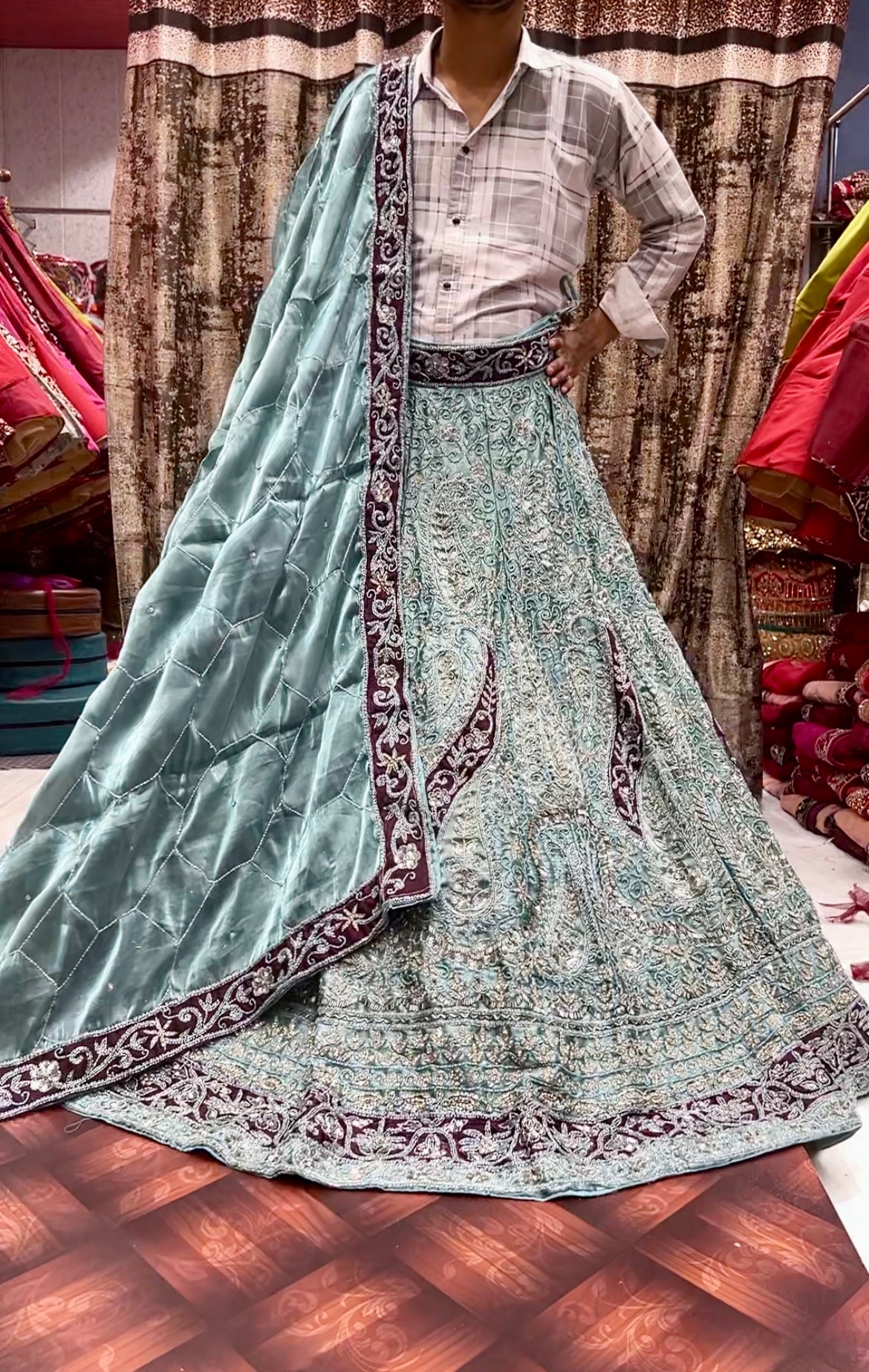 Attractive blue green handwork lehenga