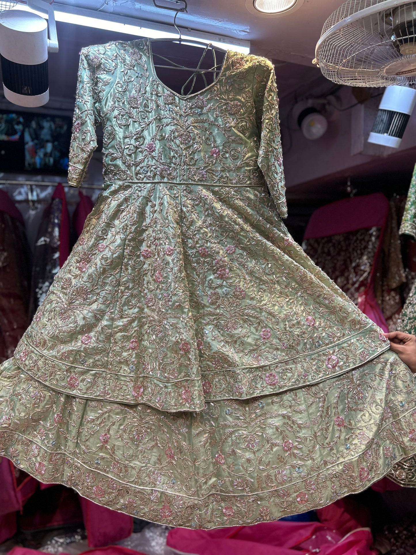 Awesome Pista green full sleeves Handmade Zardozi Dabka Peplum long Dress Farshi Gaharara Pakistani Bridal Dress Muslim Special