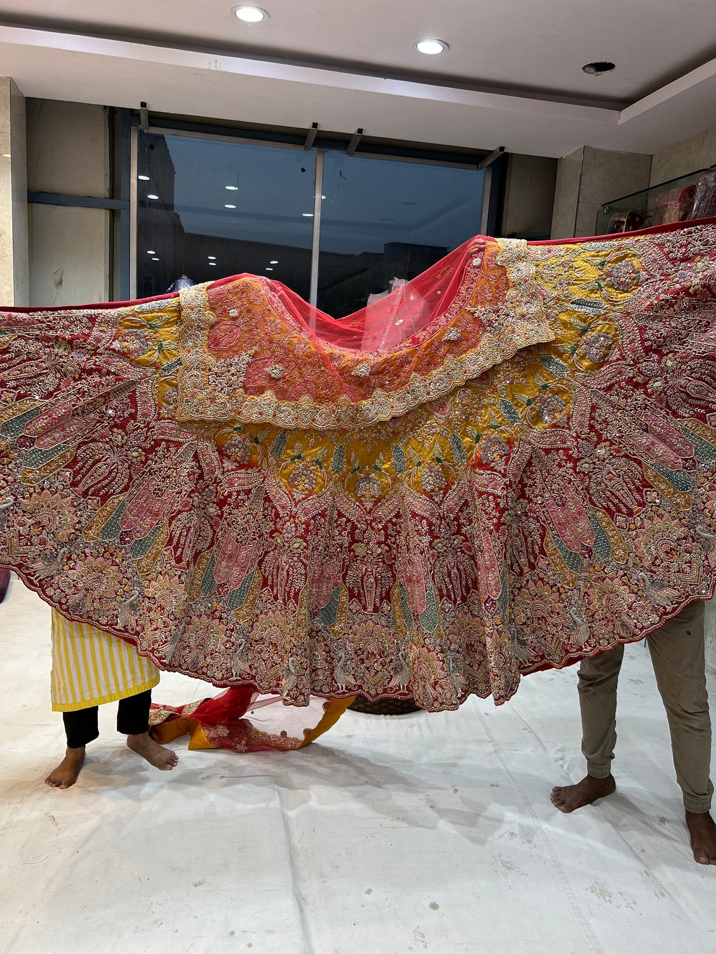 Astonishing Red yellow Peacock Handwork Lehenga