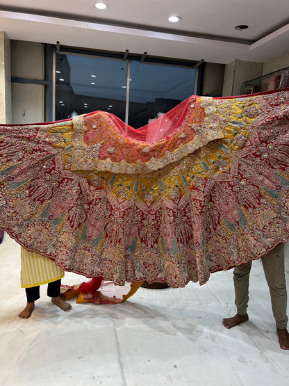 Astonishing Red yellow Peacock Handwork Lehenga