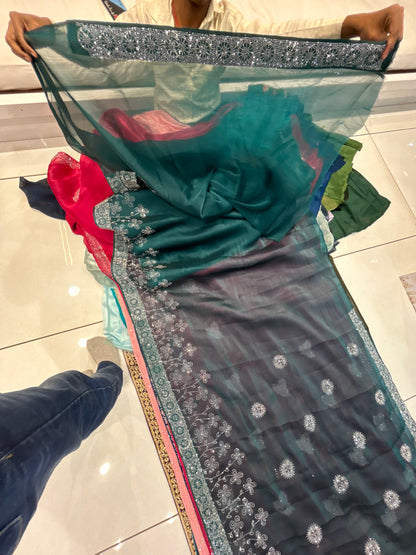 Engaging Aqua blue green saree