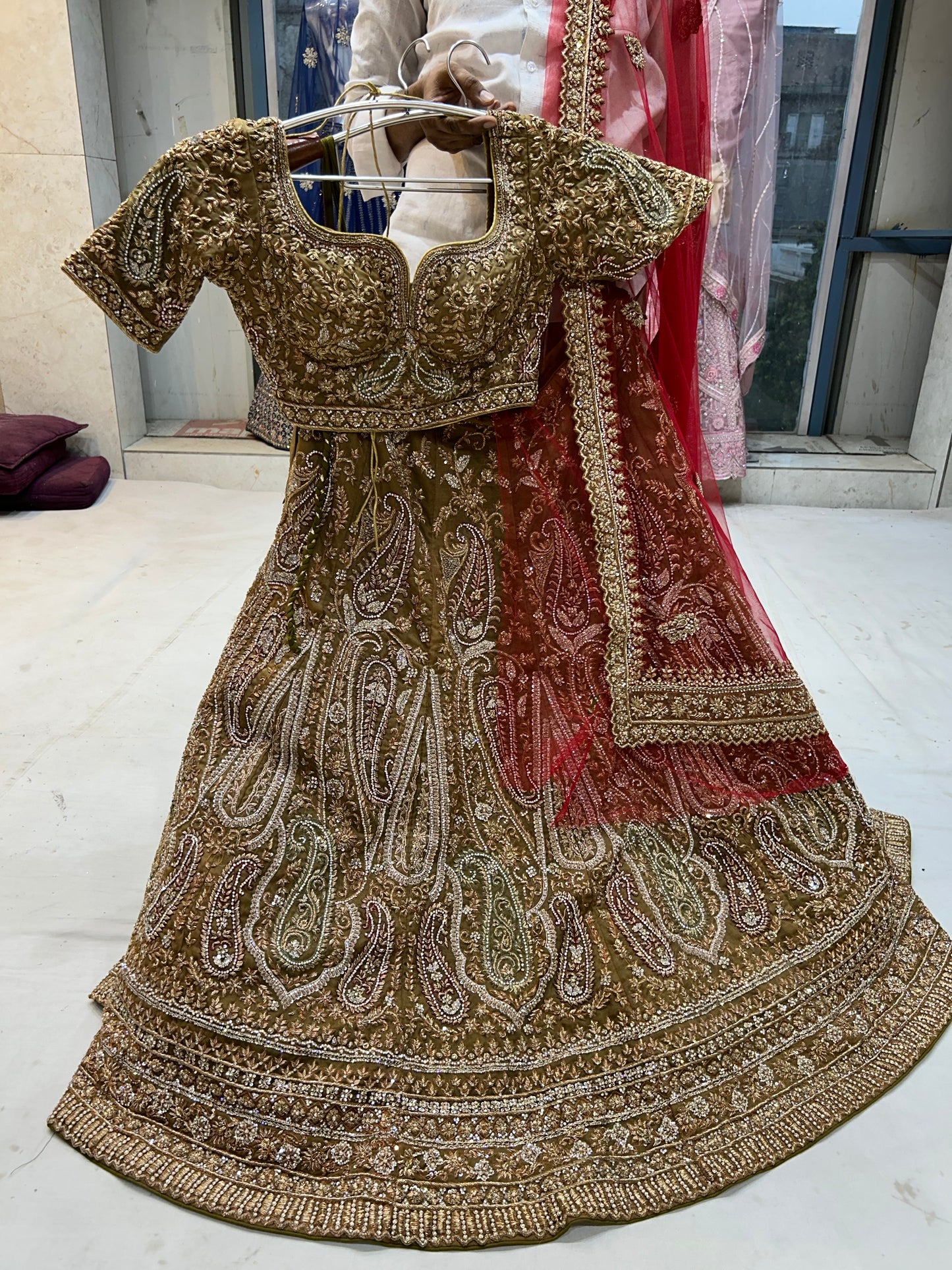 Gajab Handwork Bel Bel Multi work Green Mustard Lehenga