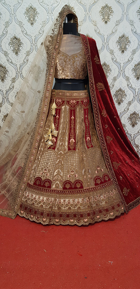 Lehenga nupcial con doble dupatta color granate majestuoso