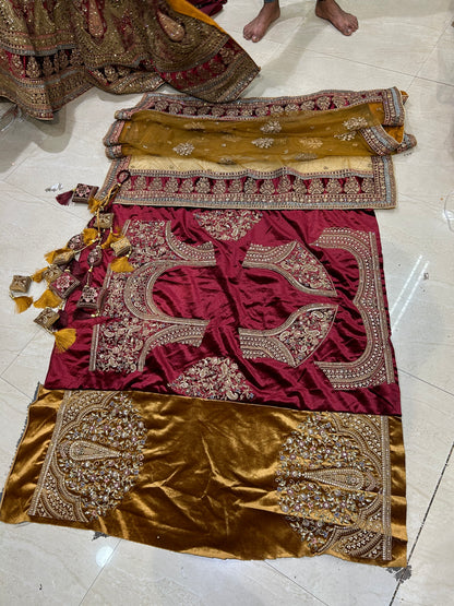 Majestic yellow maroon royal huge flare Lehenga Double Dupatta