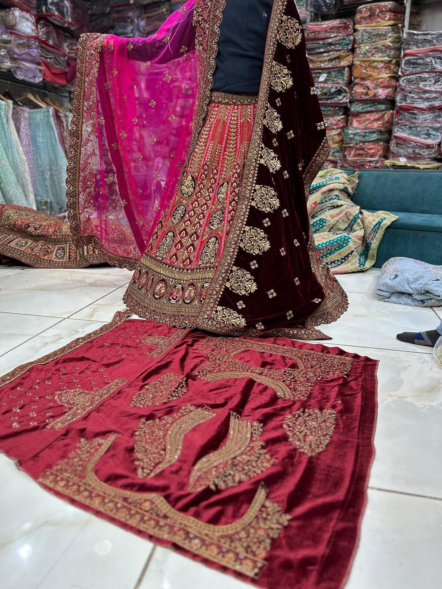 Delightful maroon double Duptta bridal lehenga