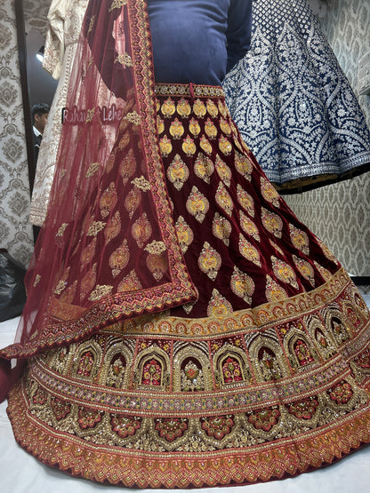 Heavy handwork 5 cut corset blouse Maroon Bridal Lehenga