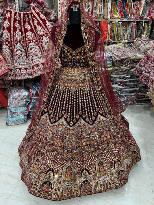 Fantastic maroon Jhumka 12 Kali Handwork Lehenga